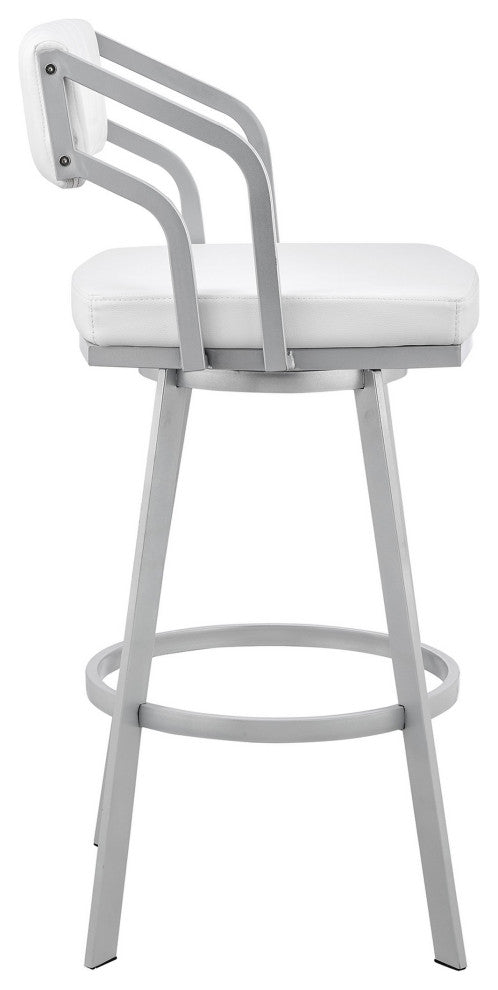 Benzara BM282093 Swivel Counter Stool, Open Back, Silver, White Faux Leather