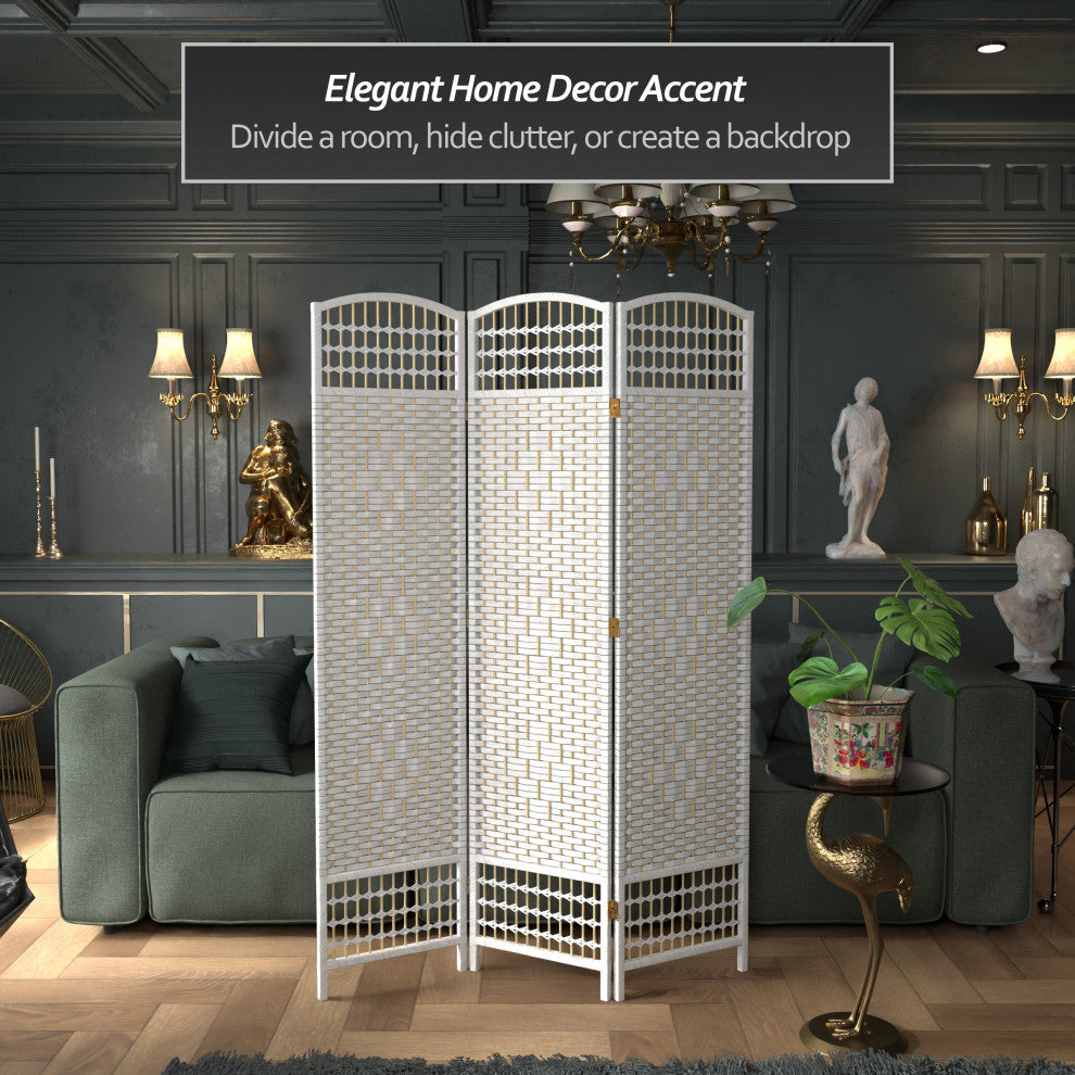 5 1/2' Tall Fiber Weave Room Divider, White, 3 Panel