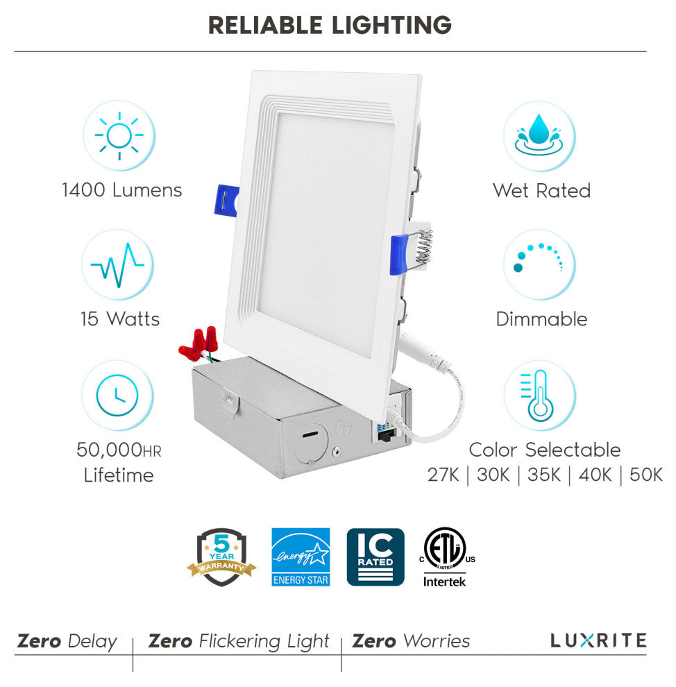 Luxrite 6" Ultra Thin LED Recessed Light 15W 5CCT 1400LM Dimmable 12PK