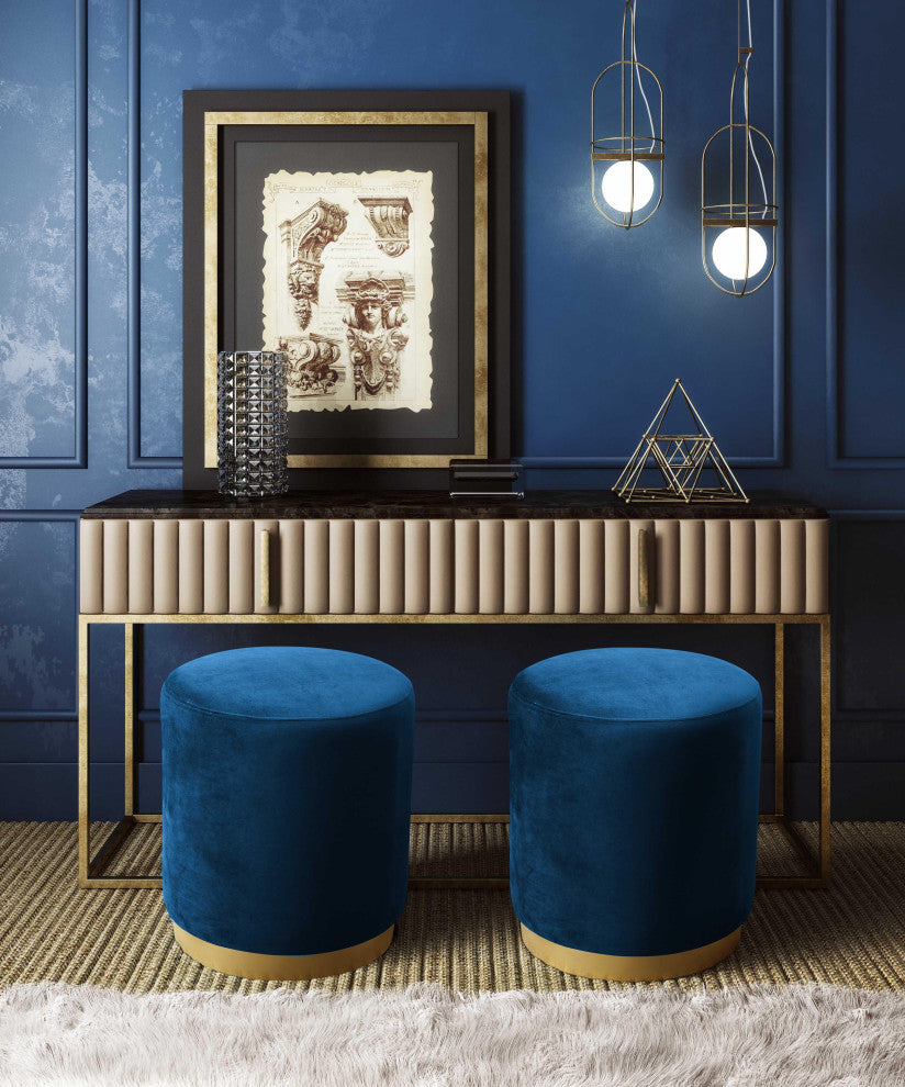 Opal Navy Velvet Ottoman with Gold Base - Navy