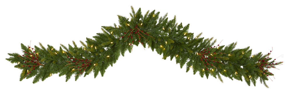 6' Christmas Pine Artificial Garland with 50 Warm White LED Lights and Berries