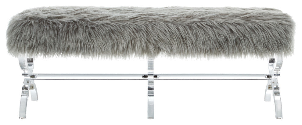 Enzo Faux Fur Acrylic X-Leg Bench, Gray