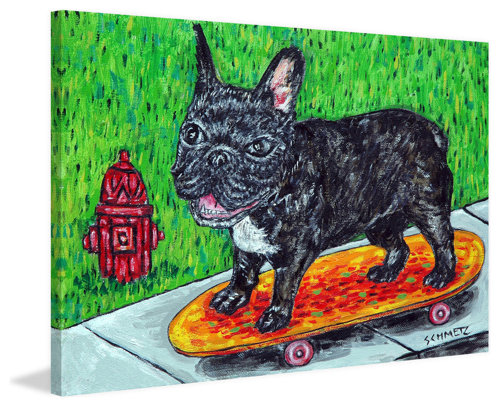 "French Bulldog Skateboarding" Painting Print on Wrapped Canvas, 30"x20"