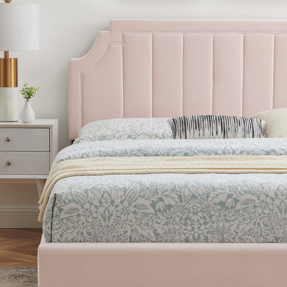 Platform Bed Frame, King Size, Velvet, Pink, Modern Contemporary, Bedroom Master