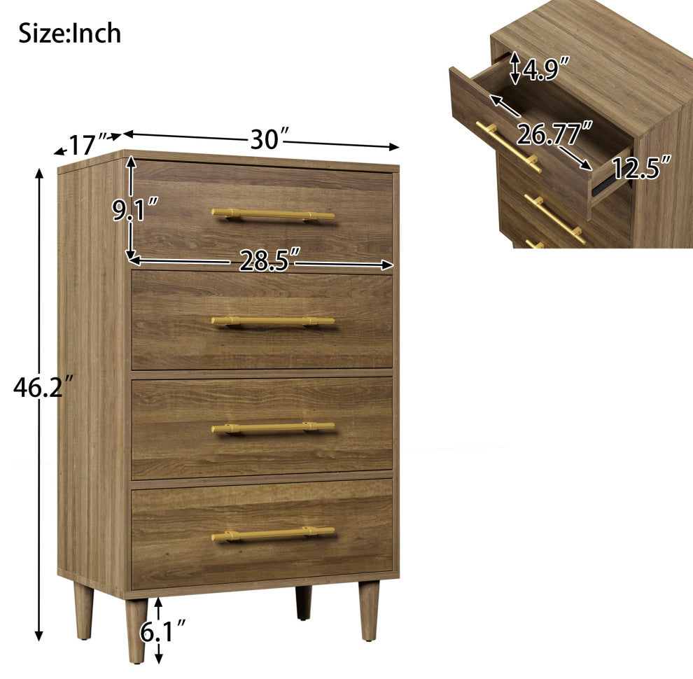 4 Drawers 30" W Wood Chest, Natural Walnut