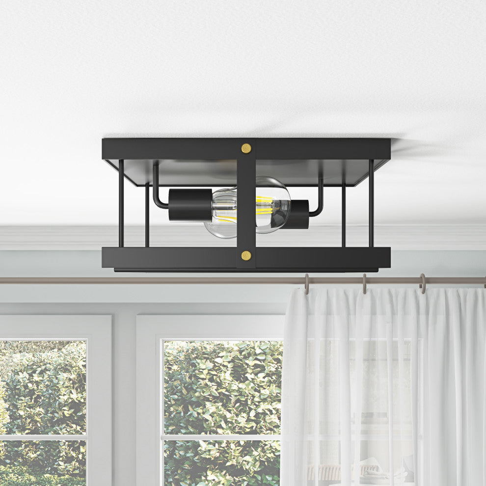 Industrial Black 2-Light Rectangle Iron Frame Flush Mount Ceiling Light