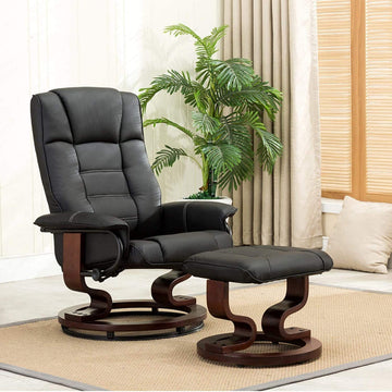Swivel Recliner Chair with Ottoman in Faux Leather and Padded Armrests, Black