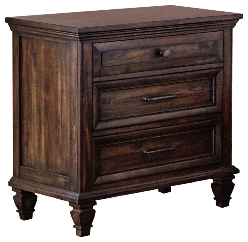 Benzara BM280360 Oxy 30" Classic Nightstand, 3 Drawers, USB Ports, Wood, Brown