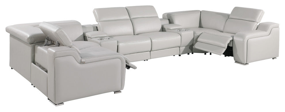 Marco-8-Piece 2-Power Reclining Italian Leather Sectional, Light Gray