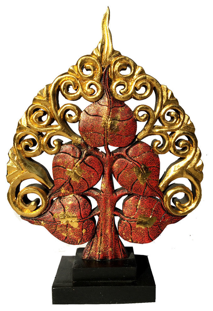 Asian Centerpiece Home Accent Decor, Carved Wood Tree Statue, Red