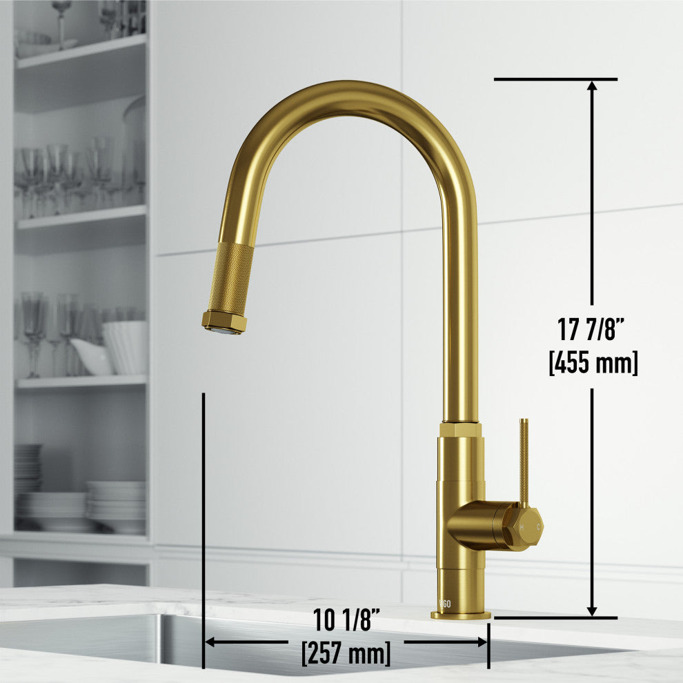VIGO Hart Arched 18" H Single Handle Pull-Down Kitchen Faucet, Matte Brushed Gold, Without Extras