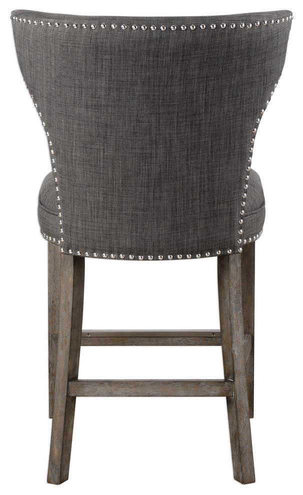 Retro Charcoal Gray Bar Counter Stool, Back Cushion Nailhead Wood Midcentury