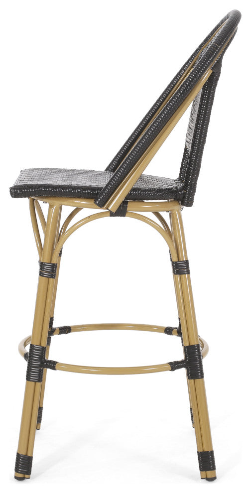 Cotterell Outdoor French Wicker and Aluminum 29.5" Barstools, Set of 2, Black/Bamboo Finish