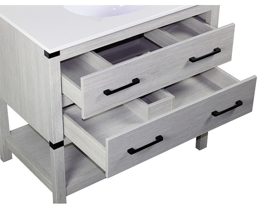 37" Single Vanity, Gray Pine Finish Top With Engineered Stone Top and Oval Sink