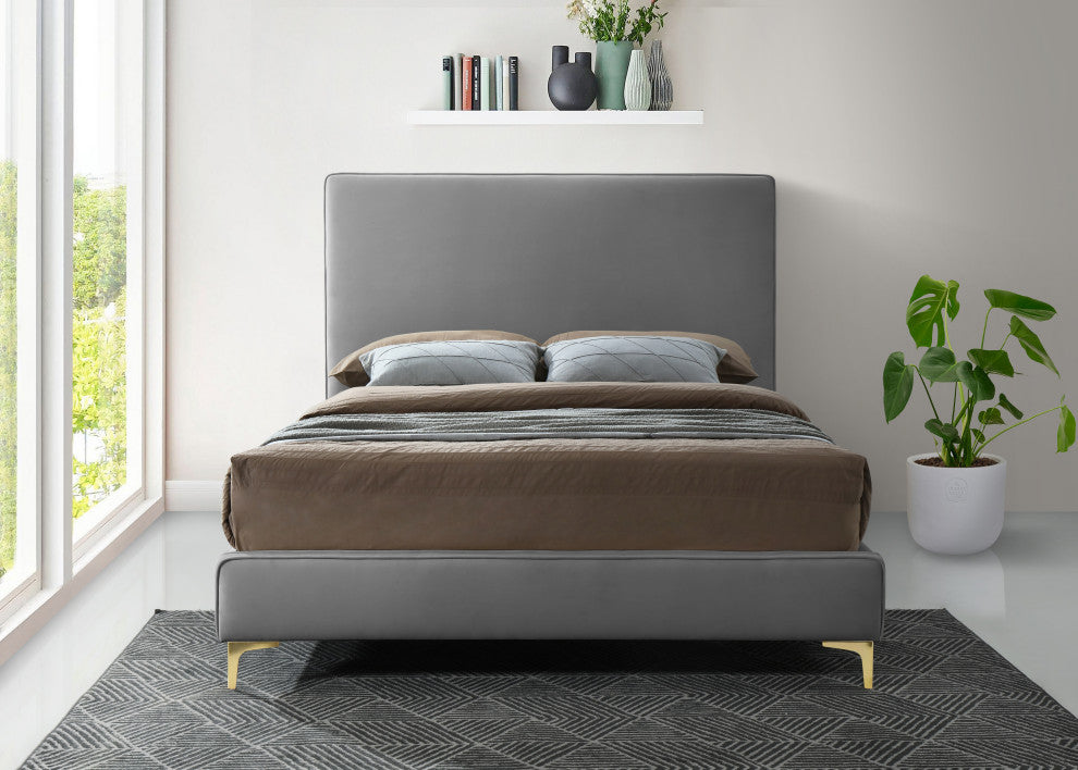 Geri Velvet Upholstered Bed, Gray, Queen