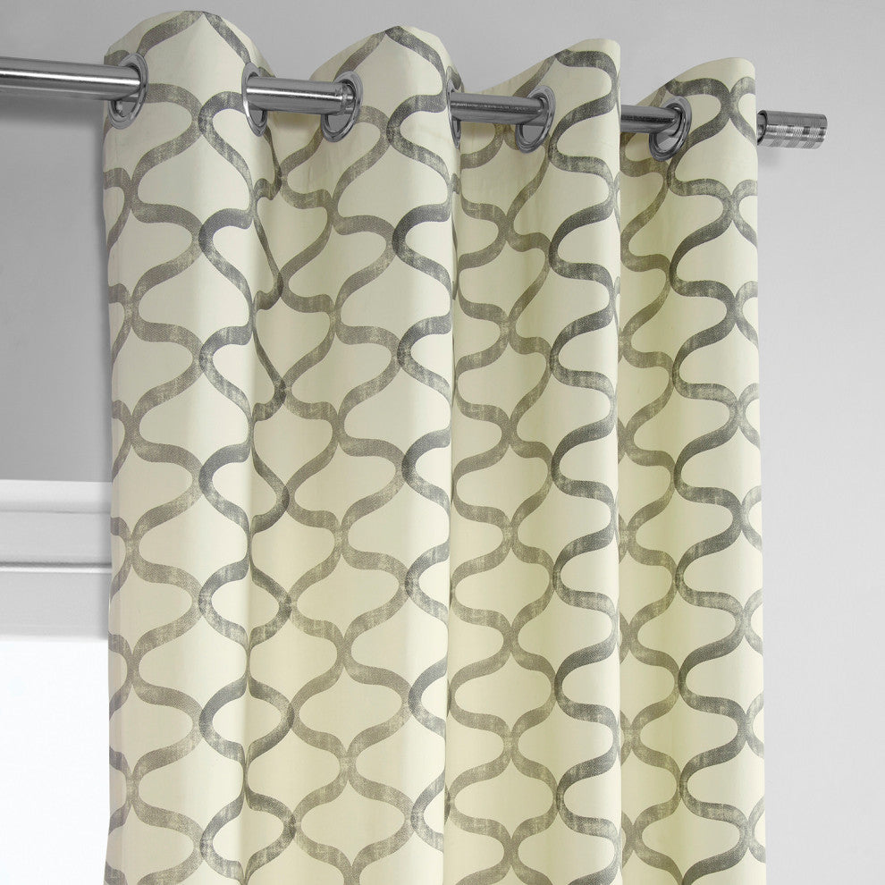 Illusions Silver Grey Grommet Printed Cotton Curtain Single Panel, 50"x120"