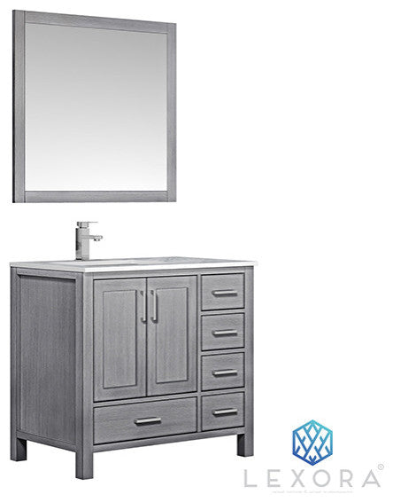 Jacques 36" Vanity, Wht Carrara Marble Top w/ 34" Mirror, Distressed Grey, Left