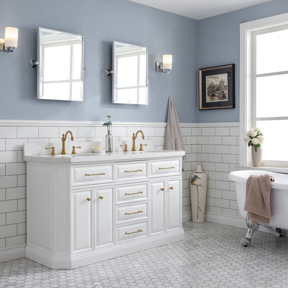Palace 60" Double Sink Vanity White Quartz Top, Satin Brass (PVD), White