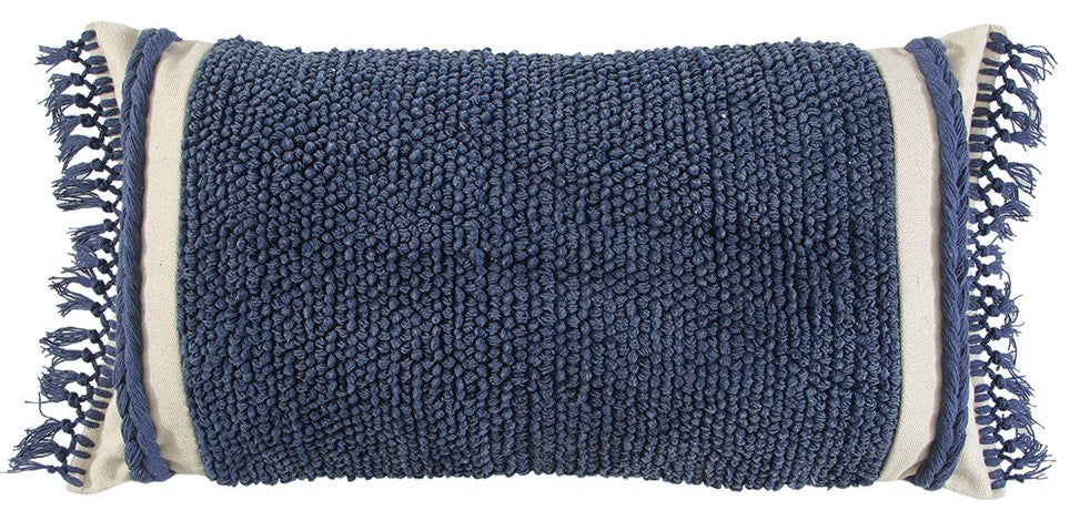 Blue Braided Stripe Macrame Fringe Lumbar Pillow