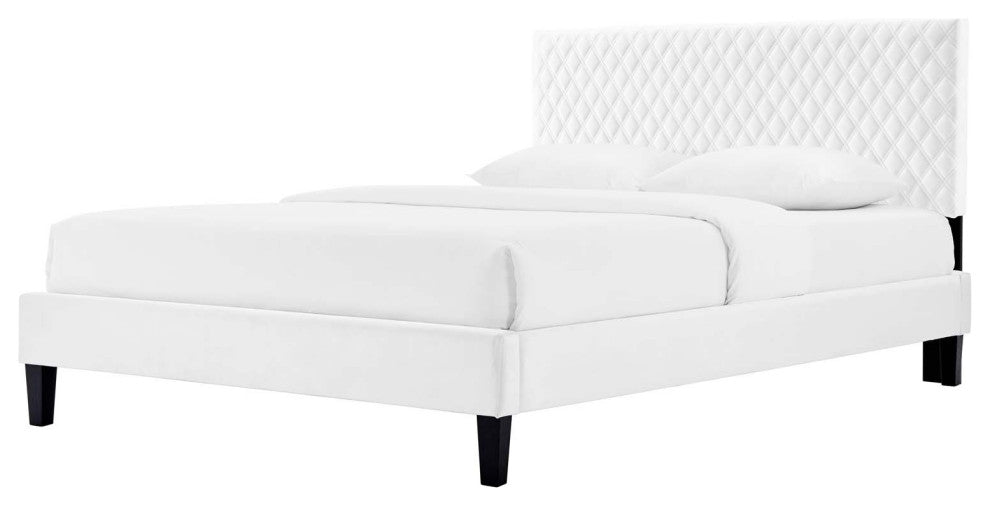 Platform Bed Frame, King Size, White, Velvet, Modern, Bedroom Guest Suite