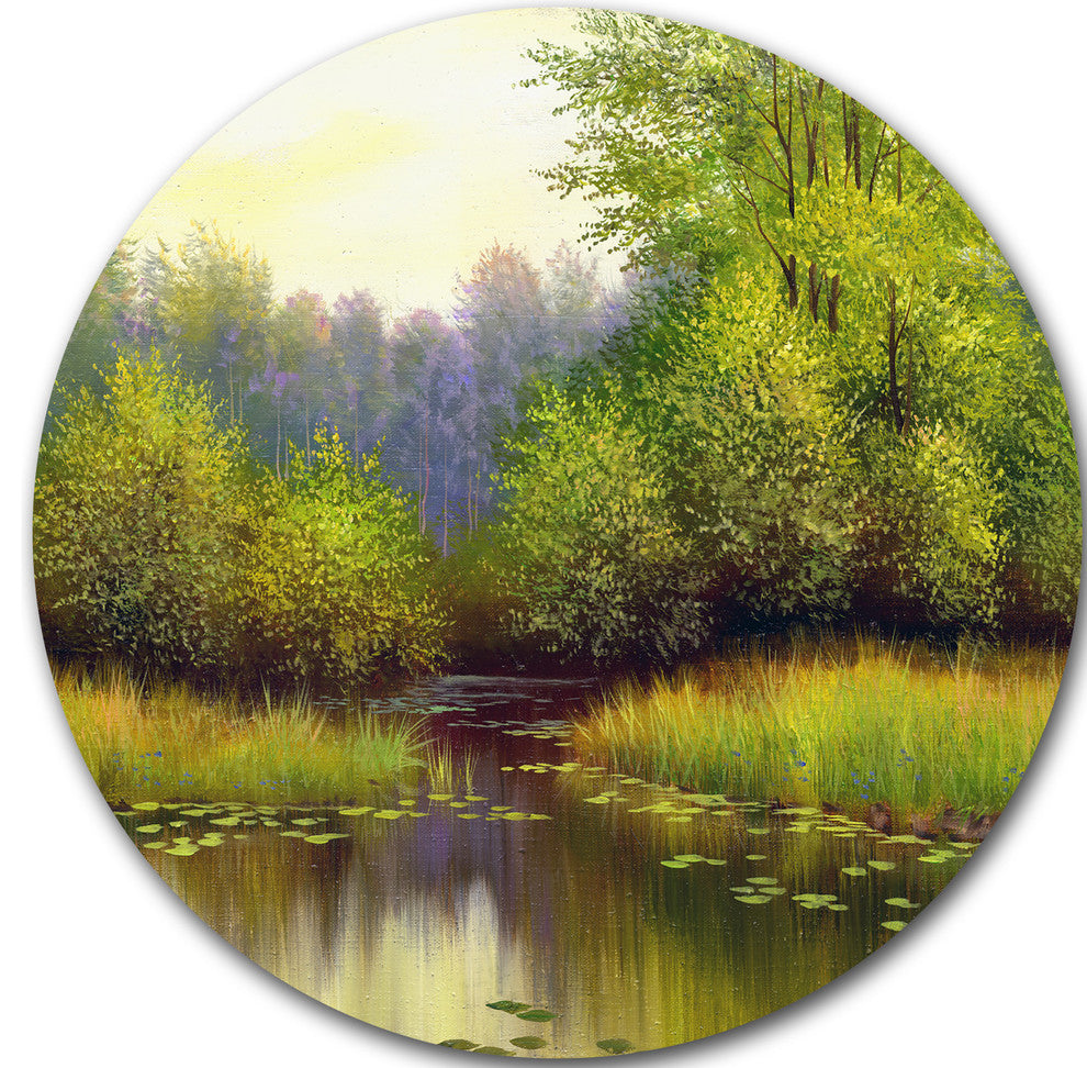 Green Summer With River, Landscape Large Disc Metal Wall Art, 36"