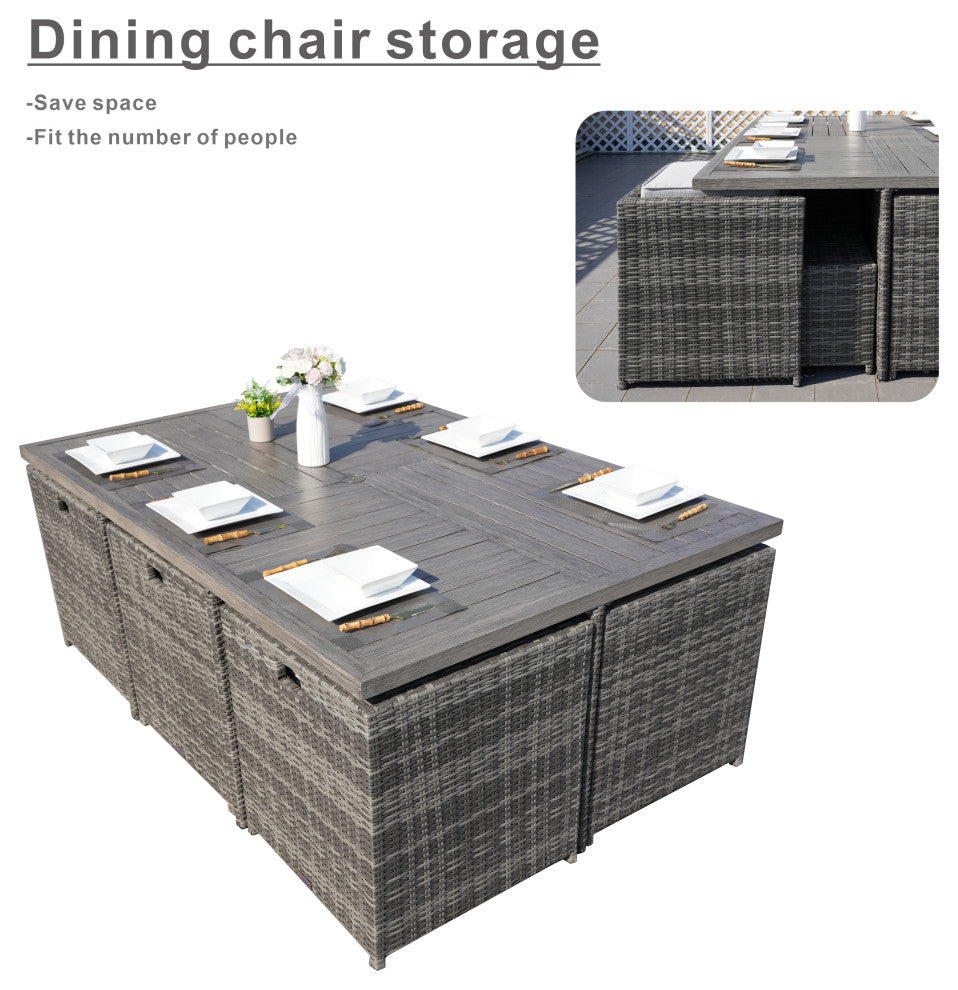 Outdoor Patio Wicker Dining Table Set with Chairs, 11-Piece Set, Gray