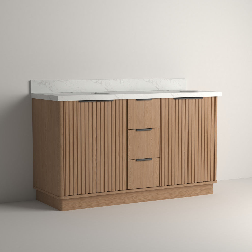 Kathryn Bathroom Vanity, Light Oak, 60", Double Sink, Freestanding