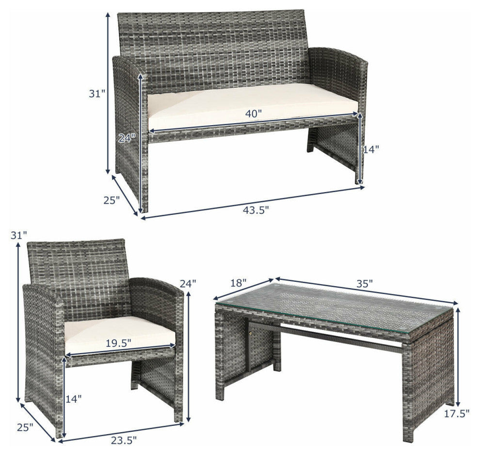 Costway 4PCS Patio Rattan Furniture Set Conversation Glass Table Top Cushioned