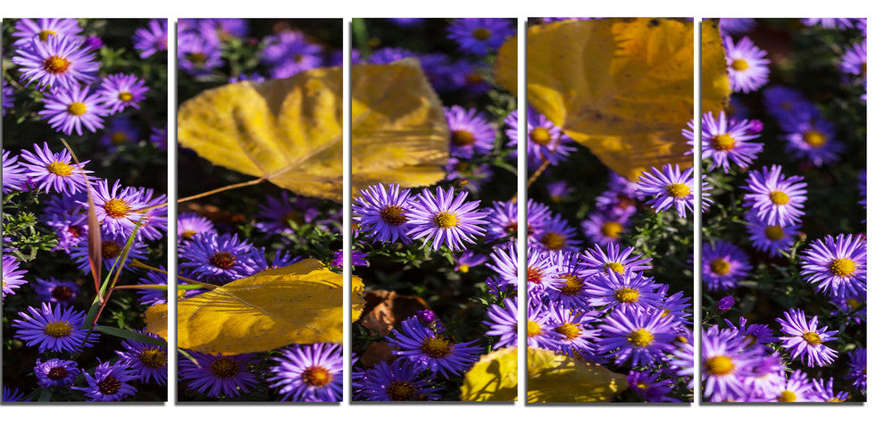 Little Purple Flowers and Yellow Leaves, Floral Canvas Print, 60"x28", 5 Panels