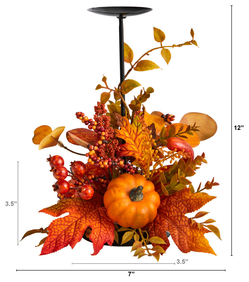 12" Fall Maple Leaves, Berries and Pumpkin Autumn Harvest Candle Holder