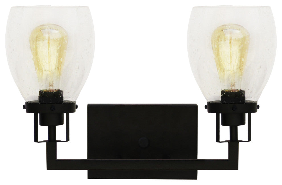 Jordan 2-Light Vanity Light, Matte Black With Clear Seeded Glass Shades