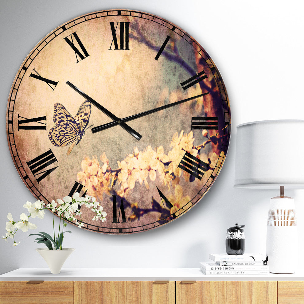 Vintage Butterfly and Cherry Tree Floral Round Wall Clock, 23x23