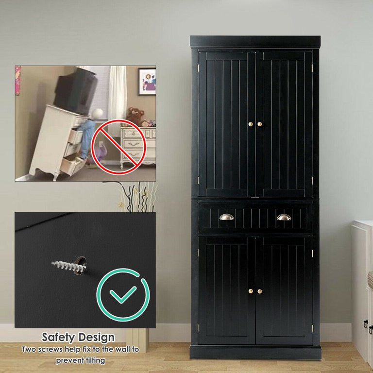 Classic Pantry Cabinet, 2 Large Doors With Drawer & Adjustable Shelves, Black