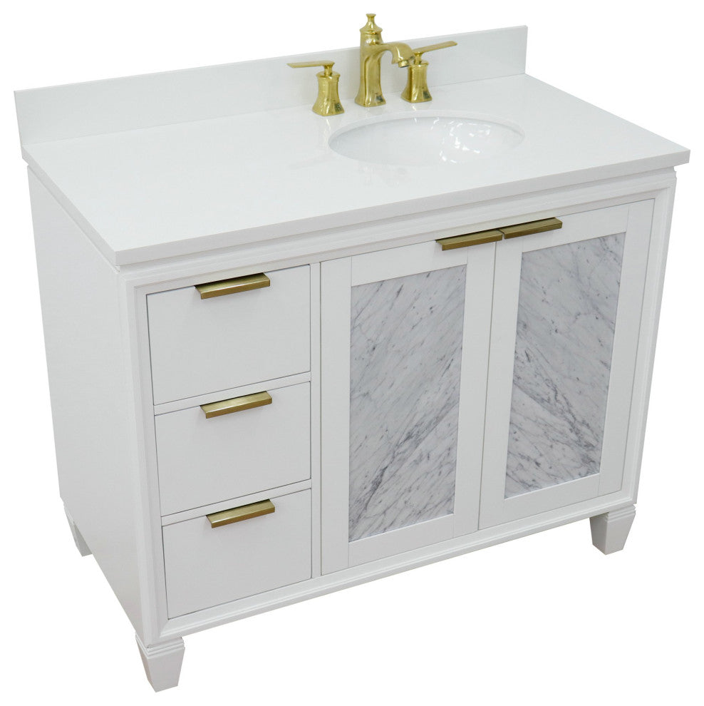 43" Single Vanity, White Finish With White Engineered Stone Top