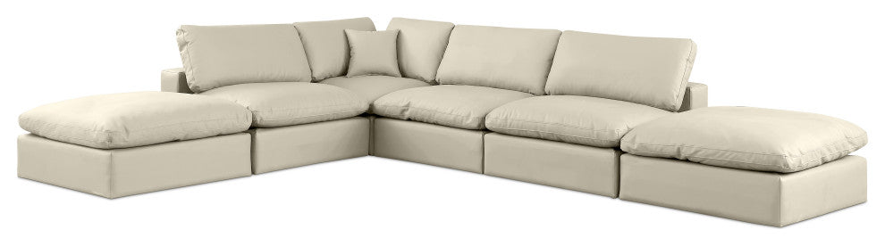 Comfy Upholstered L-Shaped Modular Sectional, Cream, 6-Piece: 3 Armless Chair, 1 Corner Chair, 2 Ottoman, Vegan Leather
