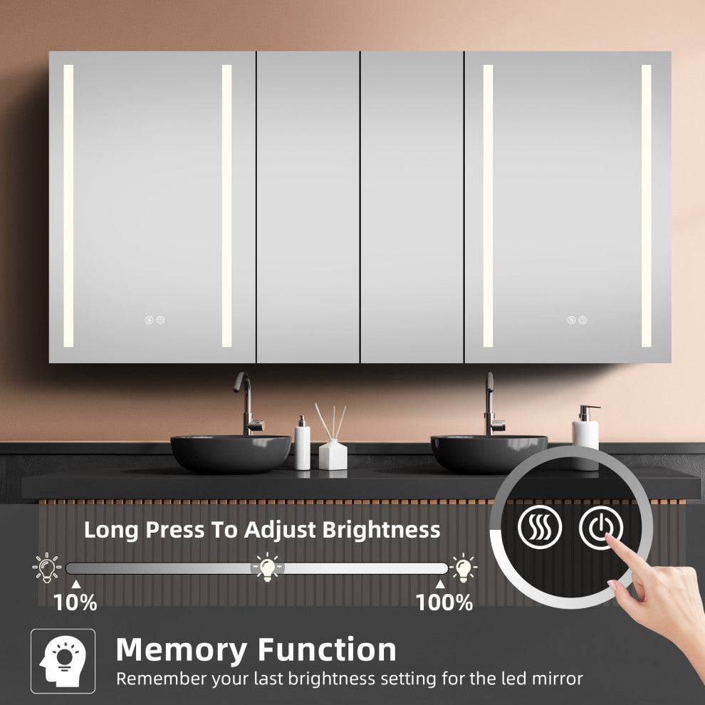 60"x30" Surface Mount Frameless Aluminum LED Medicine Cabinet With Anti-Fogger
