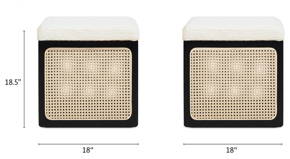 Nina 18" Cane Webbing Cube Ottoman, Ivory White
