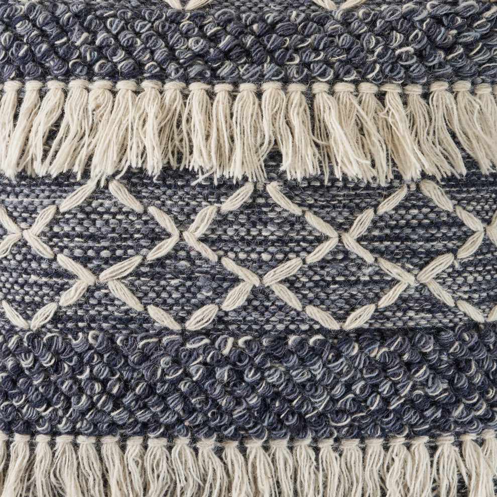 Navy and Ivory Textured with Fringe Throw Pillow