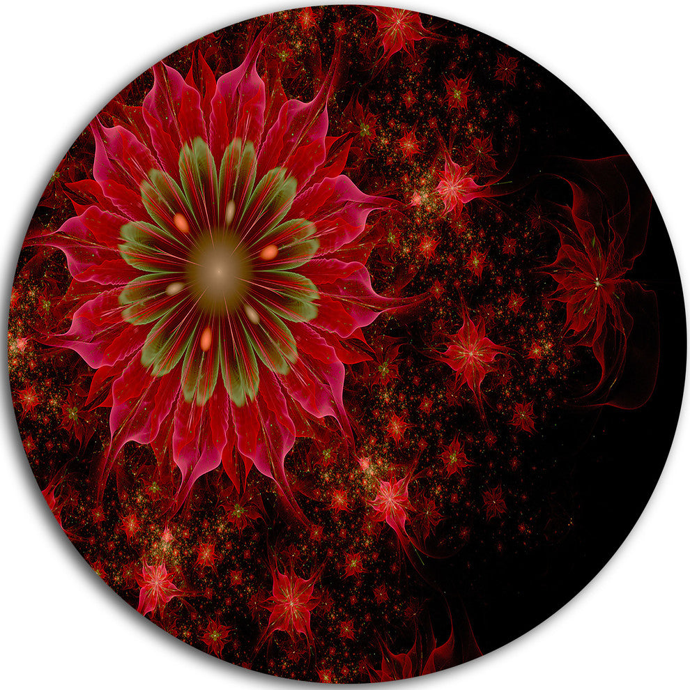 Dark Red And Light Green Fractal Flowers, Disc Metal Wall Art, 23"