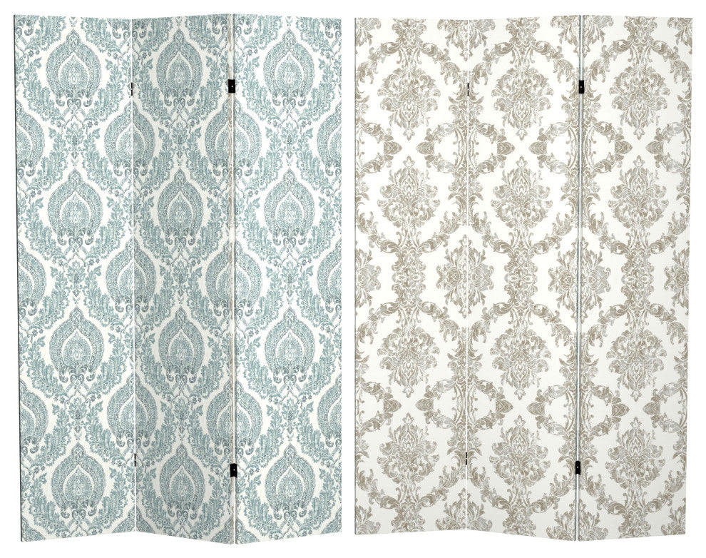 6'' Tall Double Sided Ivory Damask Canvas Room Divider