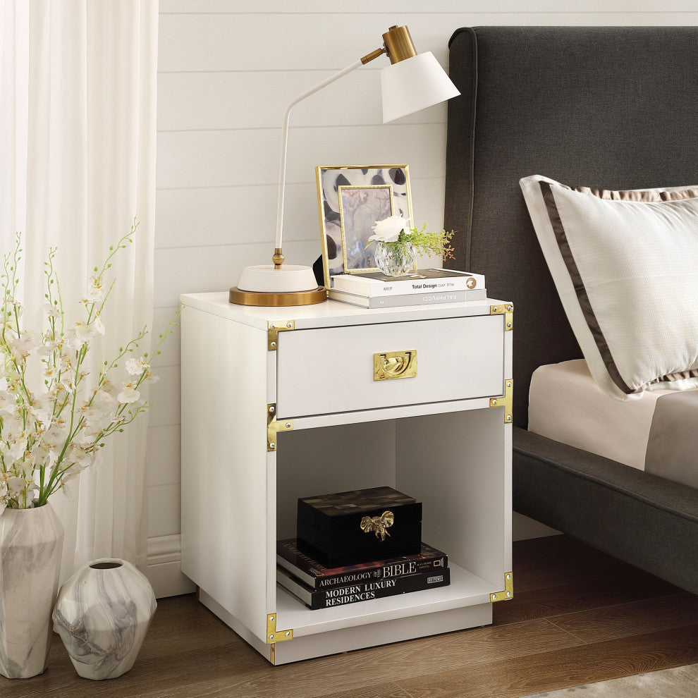 Leandro High Gloss Nightstand With Metal Corner Brackets, White