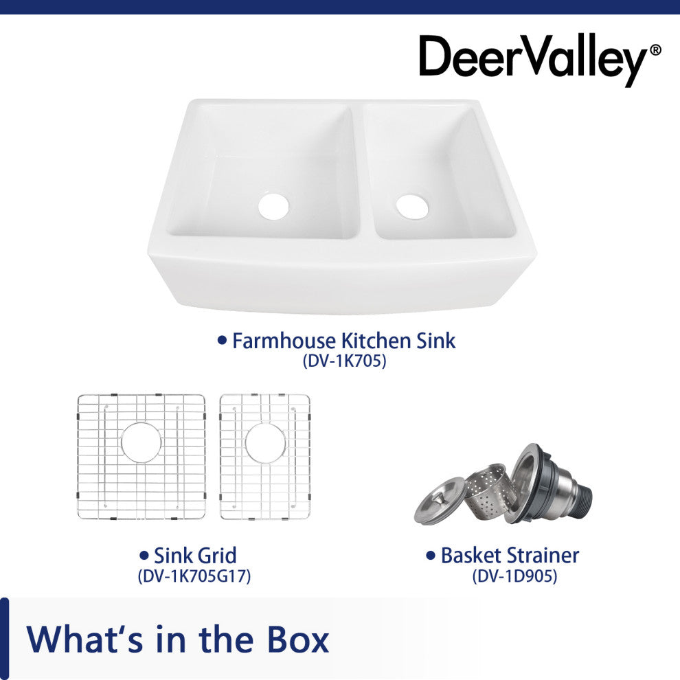 33" X 21" Double Basin Farmhouse Kitchen Sink with Sink Grid and Basket Strainer