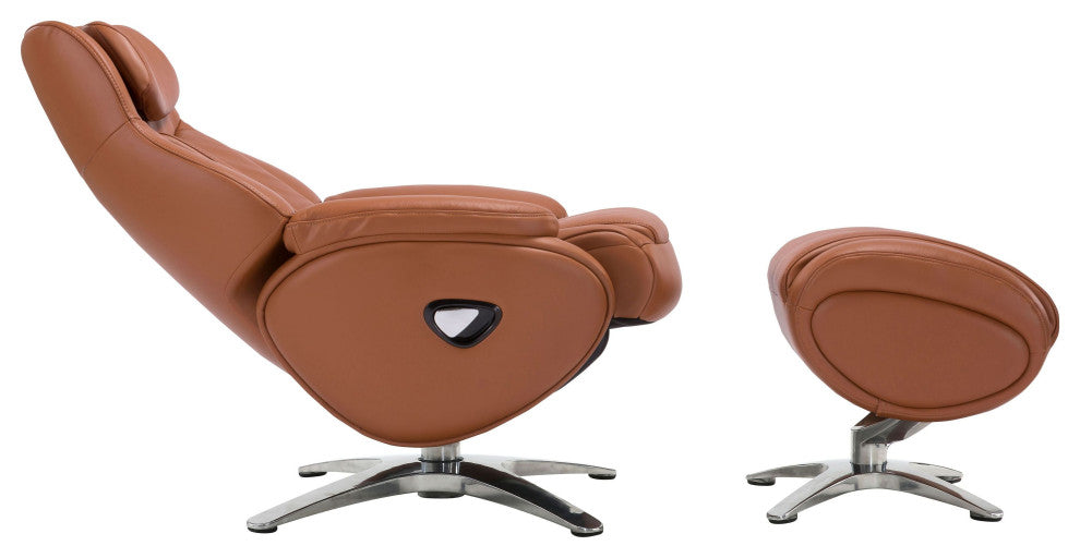 Melbourne Top Grain Leather Ergonomic Manual Recliner & Ottoman Set, Tan/Silver