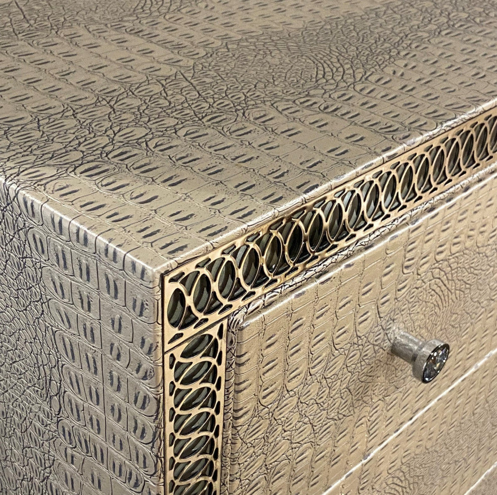 Hollywood Swank Upholstered Dresser with Mirror, Crystal Croc