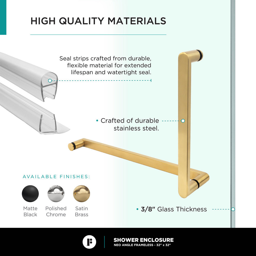 Shower Enclosure Neo Angle Frameless Tempered Glass, Satin Brass, 30" X 30"
