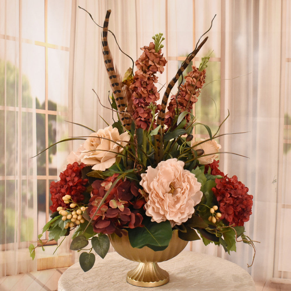 Burgundy and Tan Silk Flower Arrangement with Feathers