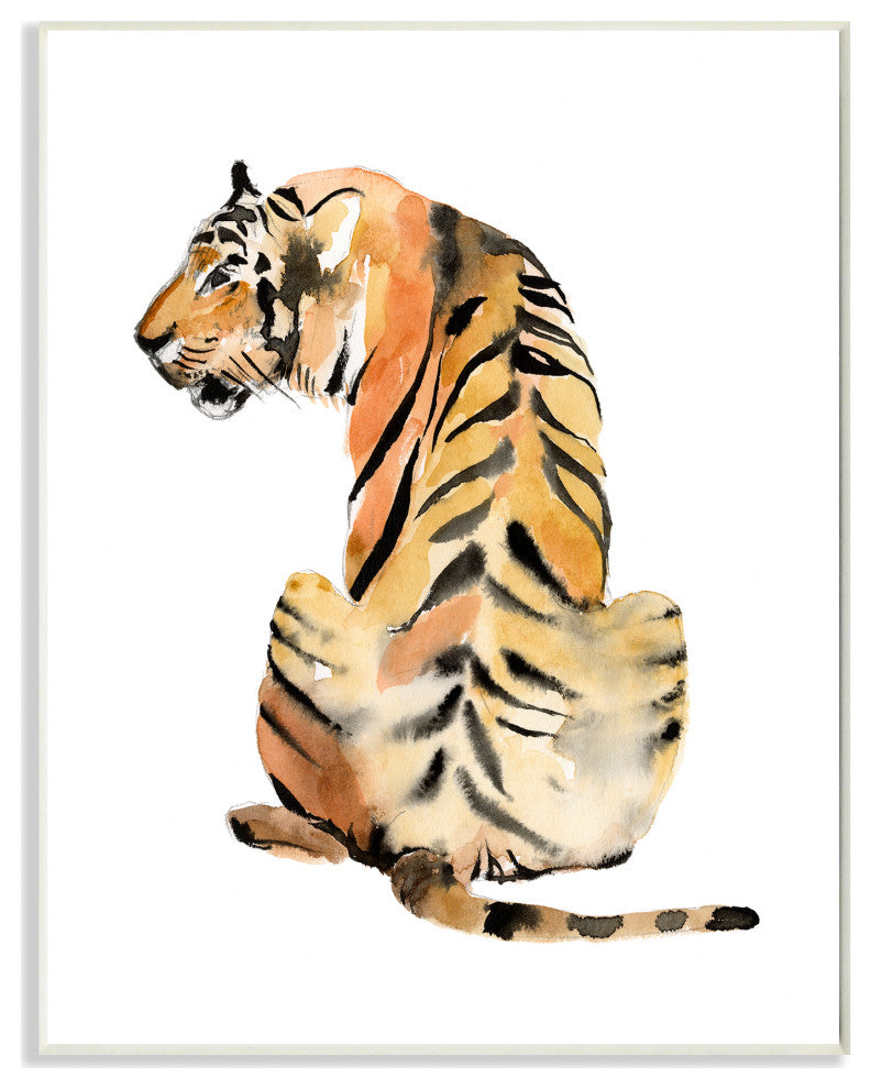Tiger Posture Animal Watercolor Painting, 13"x19", Wood Art