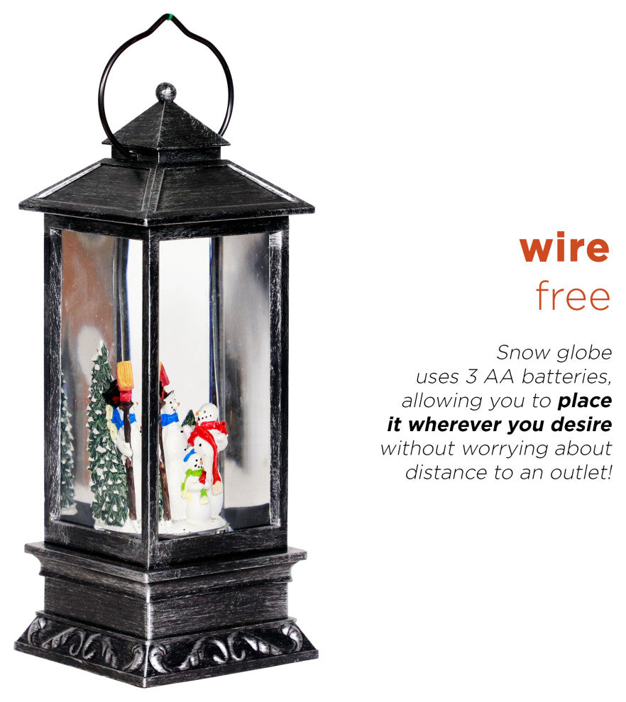 11"H Indoor Lantern Snowman Snow Globe Holiday Decoration with LED Light, Silver