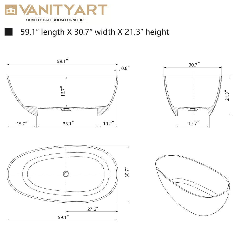 Vanity Art Freestanding Soaking Stone Resin Bathtub, Pure Resin Red, Small