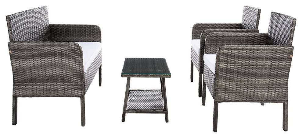 Outdoor Elegant 4-Piece Patio Set with Glass Coffee Table and Cushioned Chairs, Grey Brown/White
